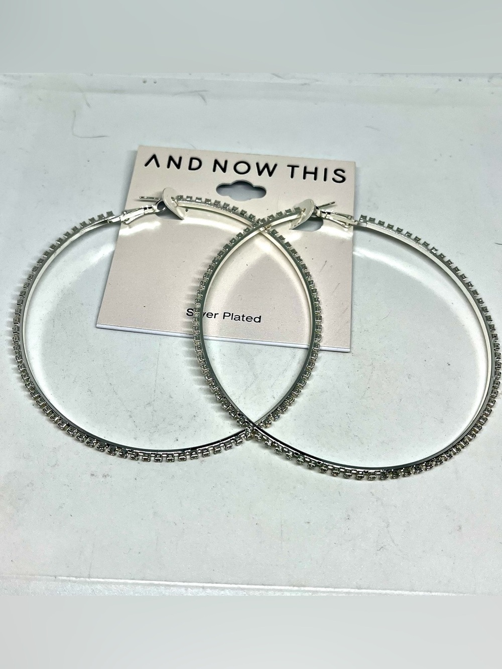 AND NOW THIS  Large Silver Plated Crystal Hoop Earrings  NWT